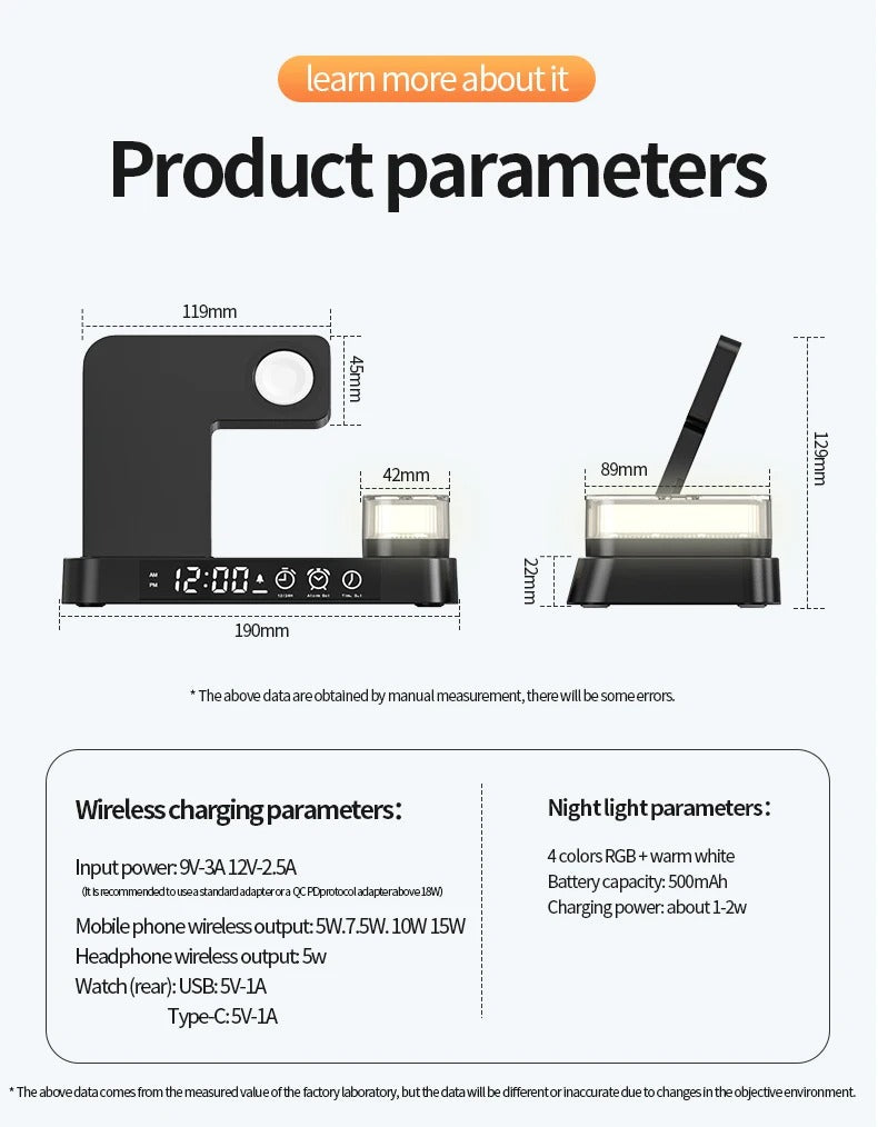 Premium 3 in 1 Wireless Charging Station – 30W Fast Charger Stand with Alarm Clock, Removable RGB Night Light for Phones, Apple Watch, Samsung Watch & AirPods