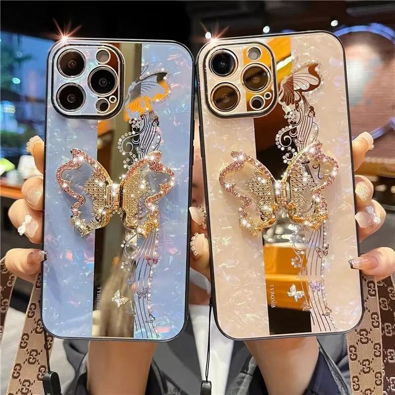 Fashion Apple iPhone Case, MagSafe Compatible, Camera Lens & Screen Protection, Ultra Thin, Shockproof, Magnetic Full All Around Cover – Butterfly Ring Holder Case with Full Shockproof Armor Back for Girls