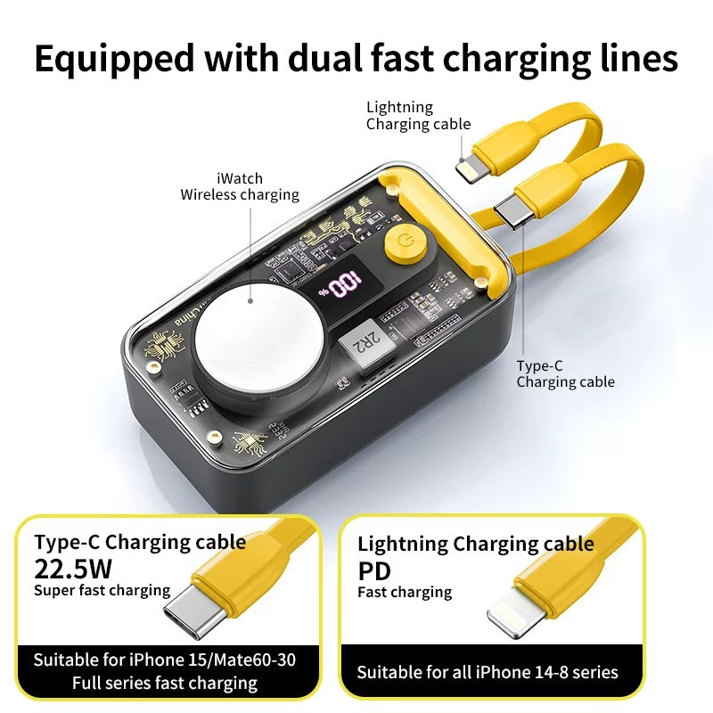 Premium, 10000mAh Wireless Power Bank with Built-in Cable – PD 20W Fast Charging Battery Source for Apple Watch S1–S9, iPad Air