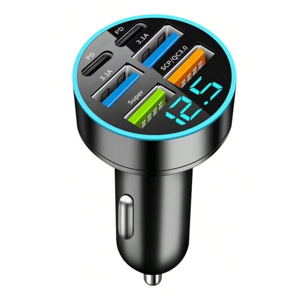 Premium 250W USB Car Charger with Digital Display – 6-Port Fast Charging PD QC3.0 Type-C Adapter, Intelligent Protection, Quick Charge