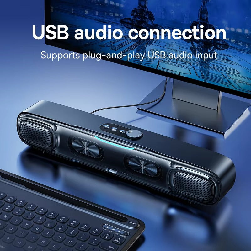Premium Mini Bluetooth Soundbar for iPhone & Mac – Desk Speaker with 3D Surround Audio, Triple-Mode Playback, Subwoofer