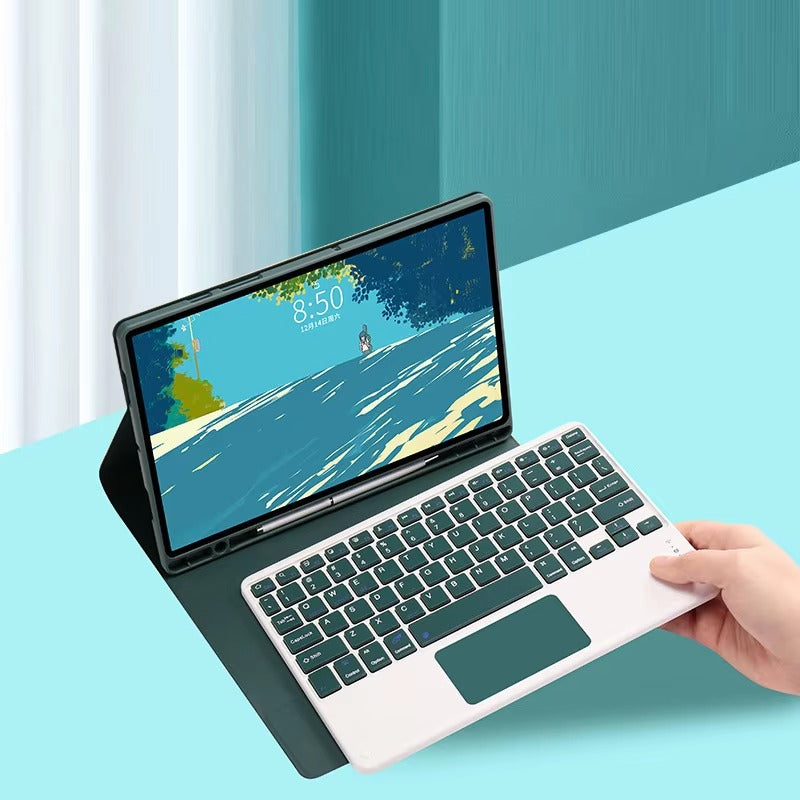 Luxury Wireless Keyboard Case with Free Mouse – Bluetooth Keyboard Cover with Touchpad, Leather Texture, Built-in Battery, for 10–11 inch Tablets, Solid Color Design