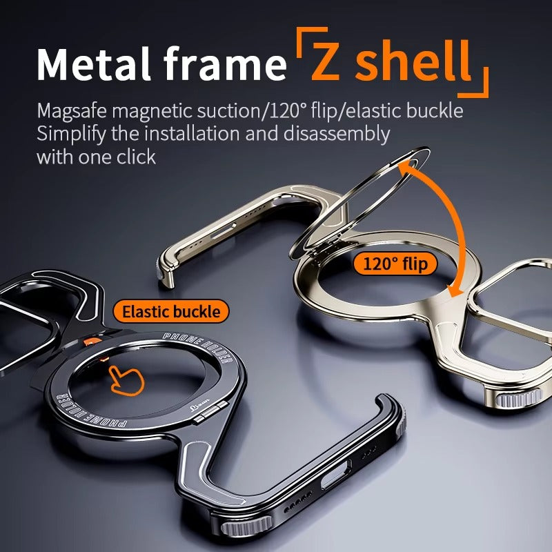 Premium Apple iPhone Case, MagSafe Compatible, Camera Lens & Screen Protection, Ultra Thin, Shockproof, Magnetic Full All Around Cover – Z-Type Aluminum Alloy Rimless Case with Snap-On Bracket & Metal Frame