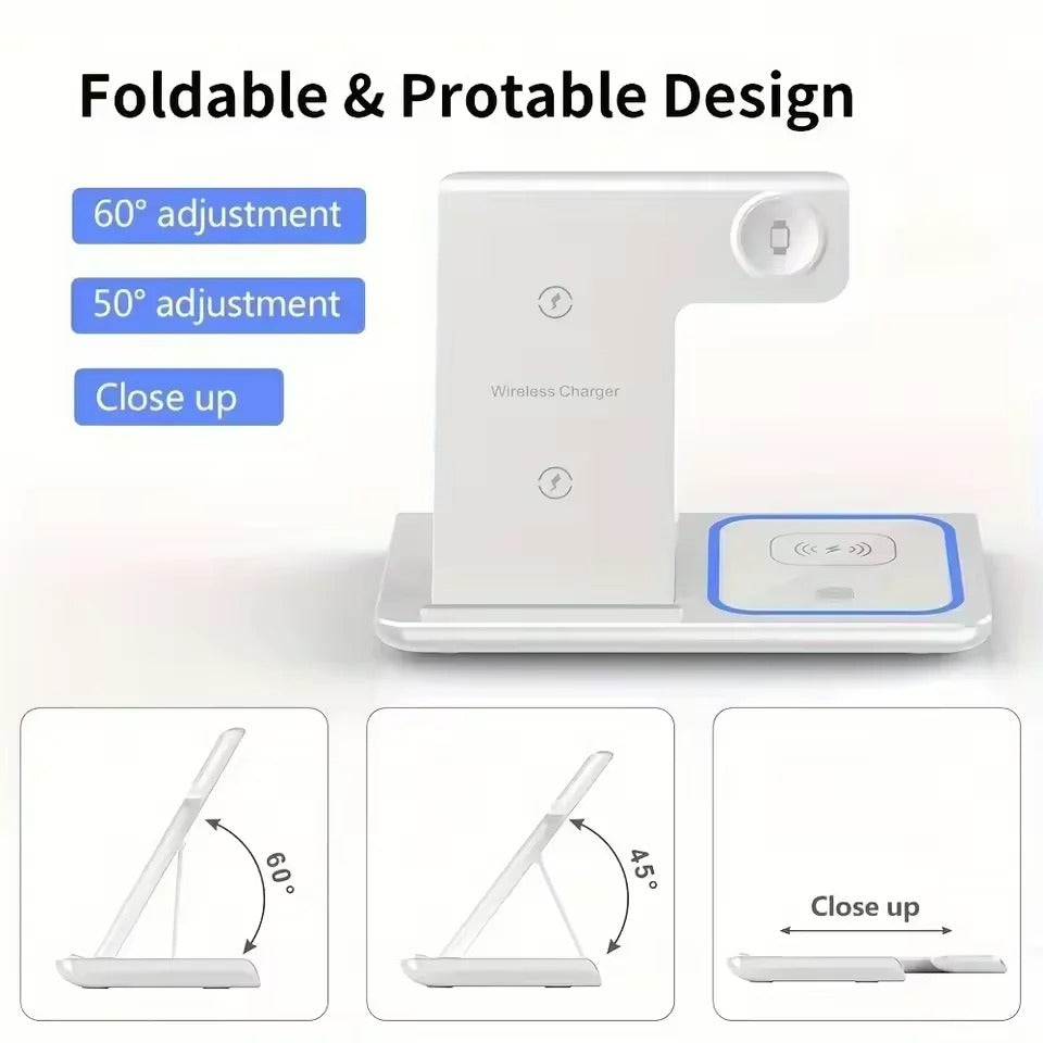 Premium 4 in 1 Wireless Charging Station with LED Light – Foldable Fast Charger Stand for Phones, Apple Watch, AirPods and Qi-Compatible Devices