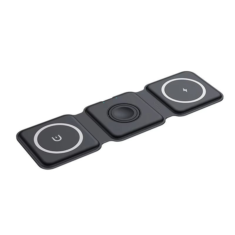 Premium 3 in 1 Magnetic Wireless Charger Pad – Portable Fast Charging Dock for iPhone, Apple Watch, AirPods with Foldable Stand, Type-C, 15W Output