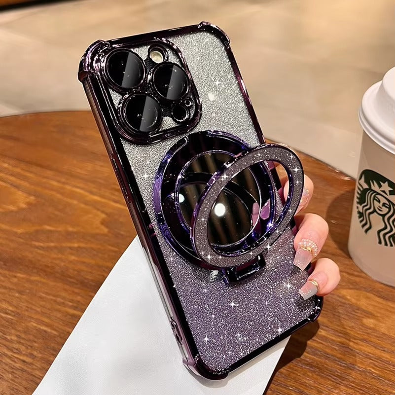 Luxury Apple iPhone Case, MagSafe Compatible, Camera Lens & Screen Protection, Ultra Thin, Shockproof, Magnetic Full All Around Cover – Sparkling Gradient Glitter Airbag Case with Mirror Back & Diamond Stand Holder
