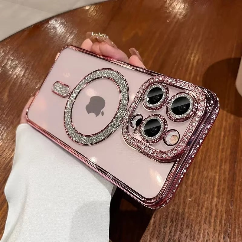 Luxury Apple iPhone Case, MagSafe Compatible, Camera Lens & Screen Protection, Ultra Thin, Shockproof, Magnetic Full All Around Cover – Glitter Diamond Transparent Case with Wireless Charging & Bumper Edge Design