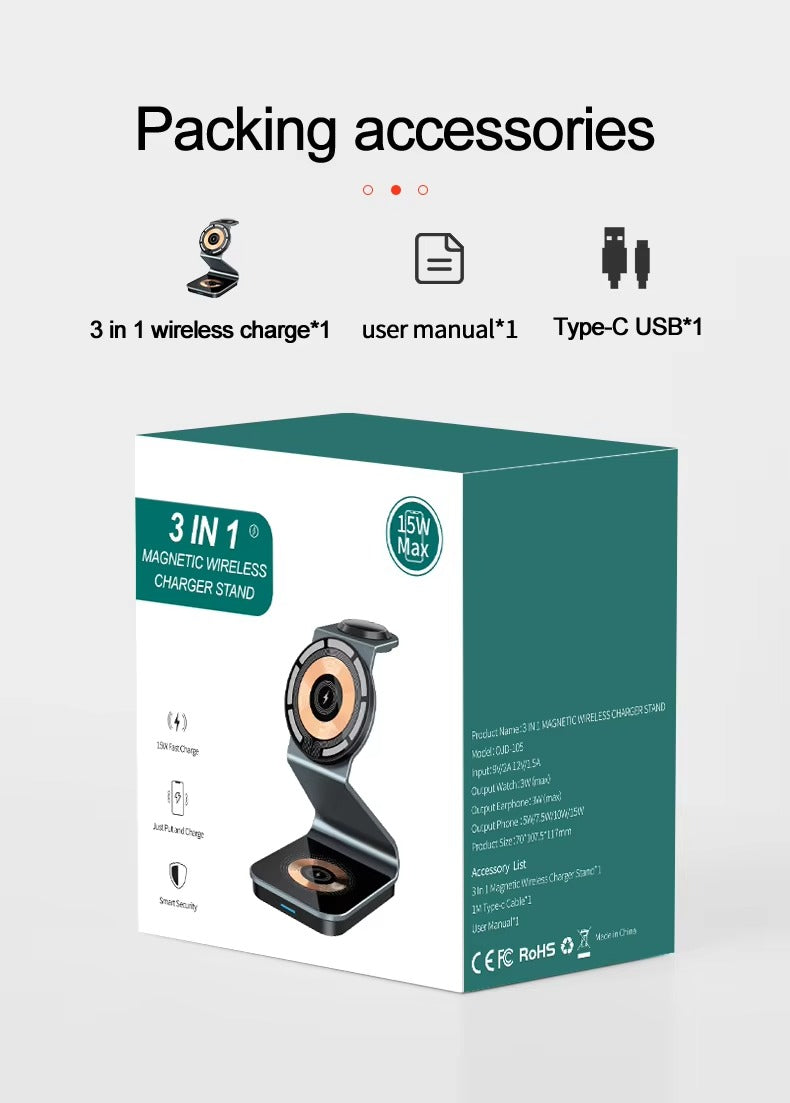 Luxury 3 in 1 Magnetic Wireless Charger Stand – Transparent Fast Charging Dock for iPhone, Apple Watch, AirPods with Aluminum Alloy Design, 15W Output