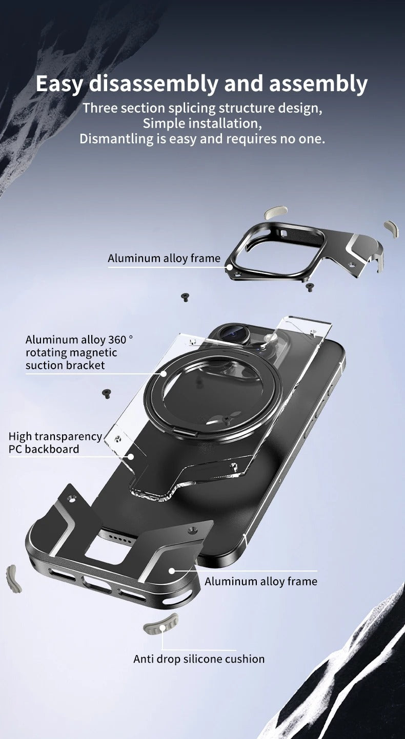 Luxury Apple iPhone Case, MagSafe Compatible, Camera Lens & Screen Protection, Ultra Thin, Shockproof, Magnetic Full All Around Cover – 360° Aluminum Alloy Rimless Case with Transparent PC & Built-In Bracket