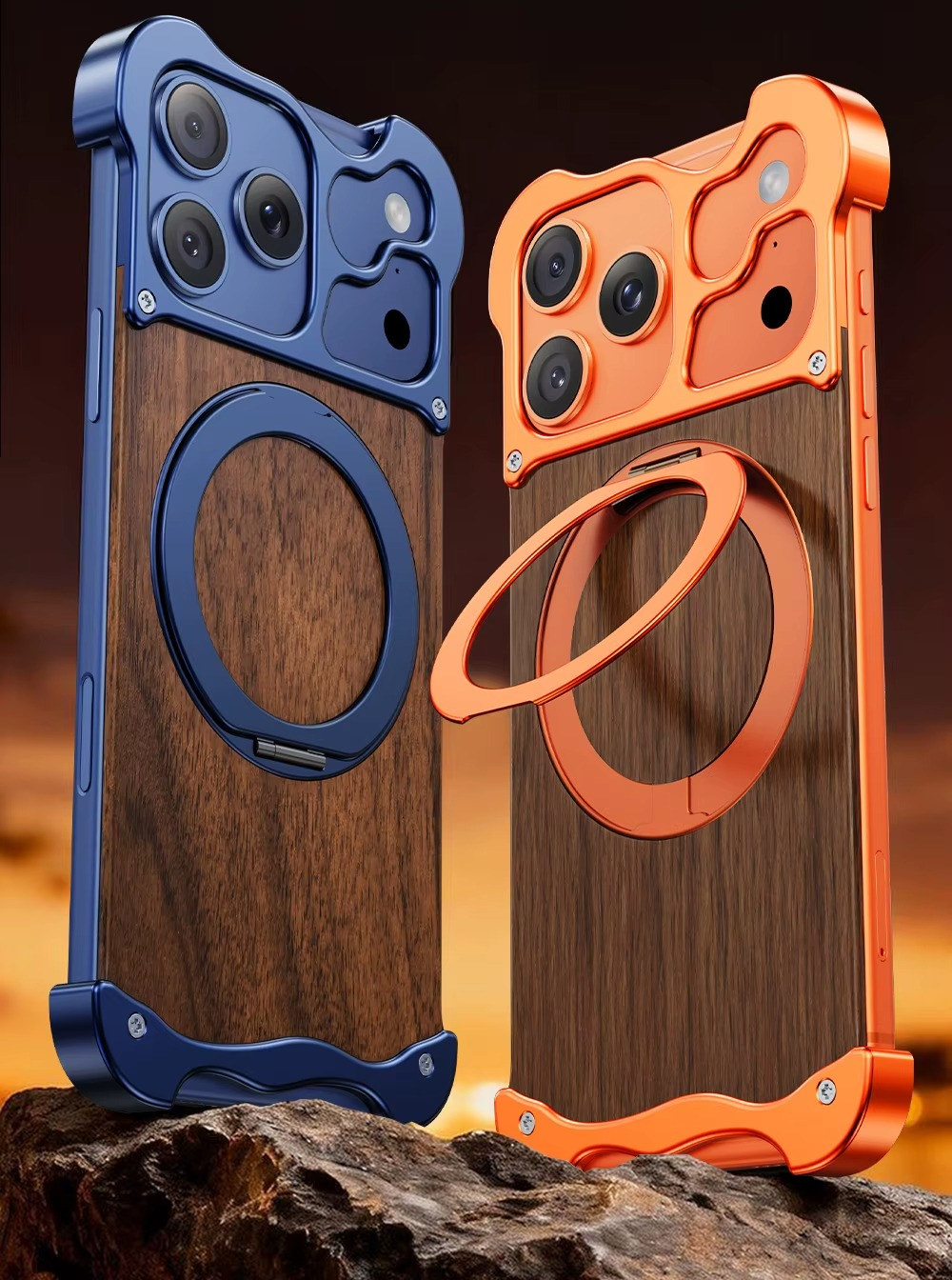 Luxury Wood & Aluminum iPhone Case – MagSafe Compatible Magnetic Cover with 360° Rotating Ring Stand, Shockproof Frame and Camera Lens Protection
