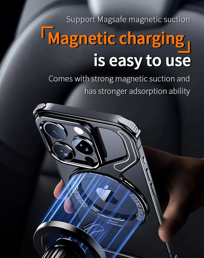 Premium Apple iPhone Case, MagSafe Compatible, Camera Lens & Screen Protection, Ultra Thin, Shockproof, Magnetic Full All Around Cover – Z-Type Aluminum Alloy Rimless Case with Snap-On Bracket & Metal Frame