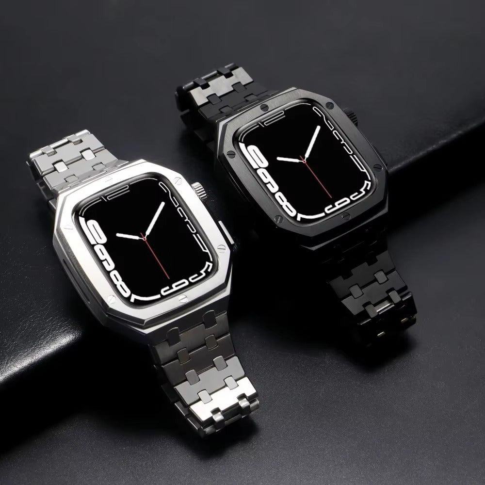Luxury Metal Mod Kit for Smartwatch – Bezel Frame, Strap, and Case Set for 44mm to 45mm Watches, Premium Custom Accessories
