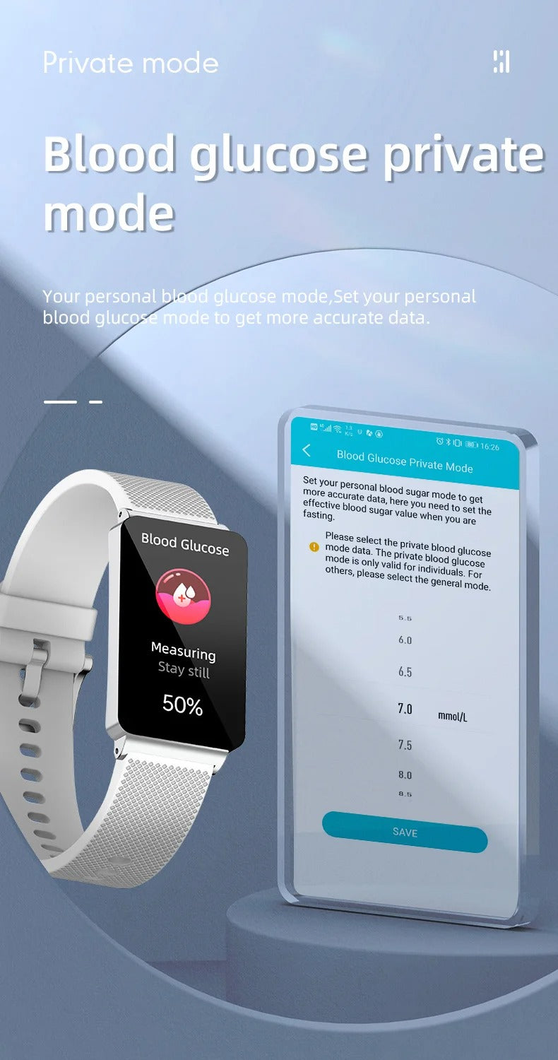 Premium Non-Invasive Blood Glucose Smartwatch – ECG, Heart Rate, Blood Pressure, Oxygen & Temperature Monitor, Waterproof Fitness Tracker with Touchscreen
