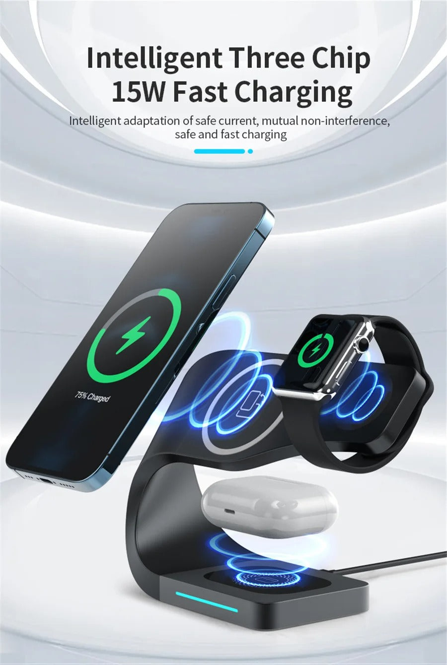 Premium 4 in 1 Magnetic Wireless Charging Station – 15W Fast Charger Dock with LED Indicator for Phones, Apple Watch, AirPods and USB Devices