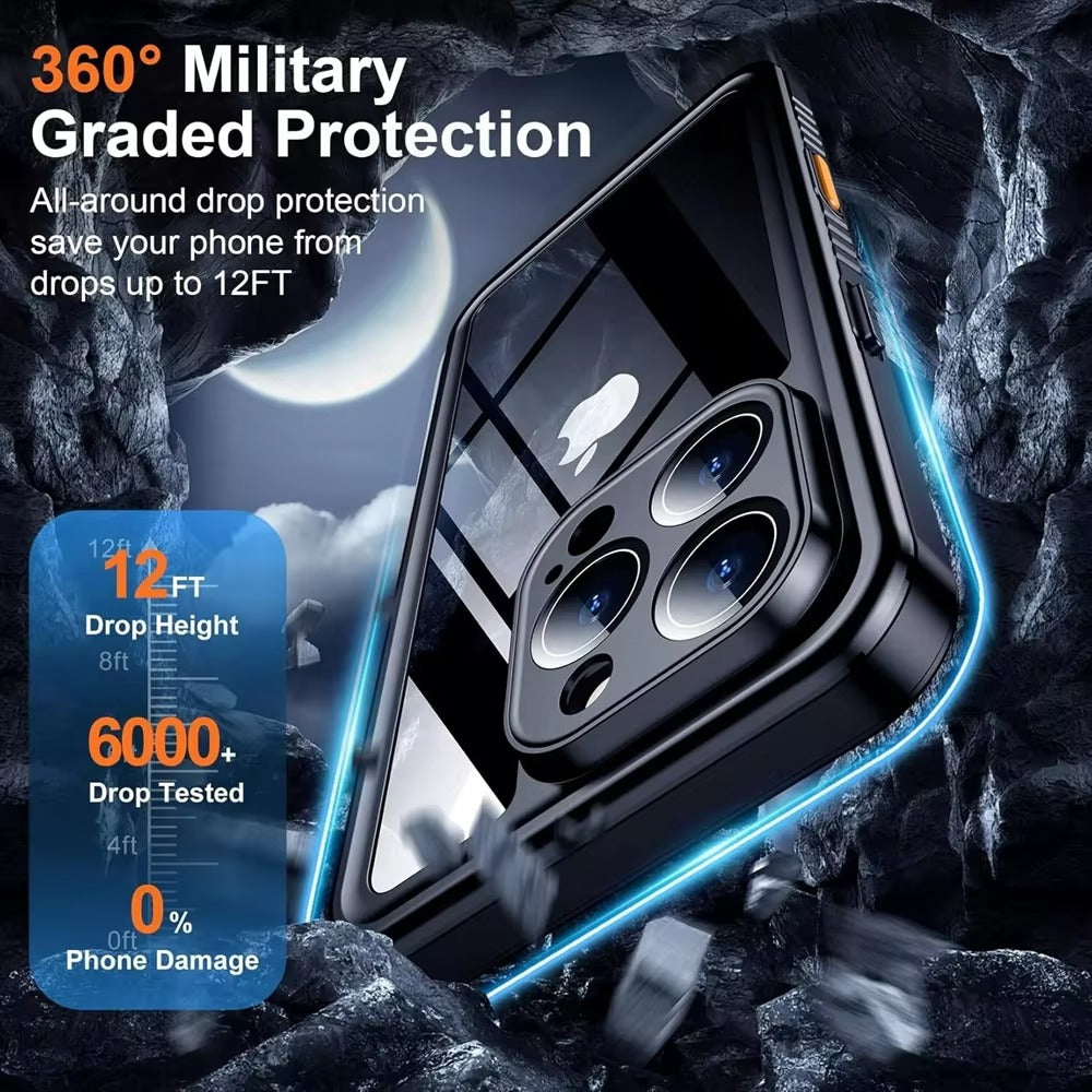 Luxury Apple iPhone Case MagSafe Compatible, Camera Lens & Screen Protection, Ultra Thin Shockproof Magnetic Full All Around Protection Cover with IP68 Metal Underwater Design