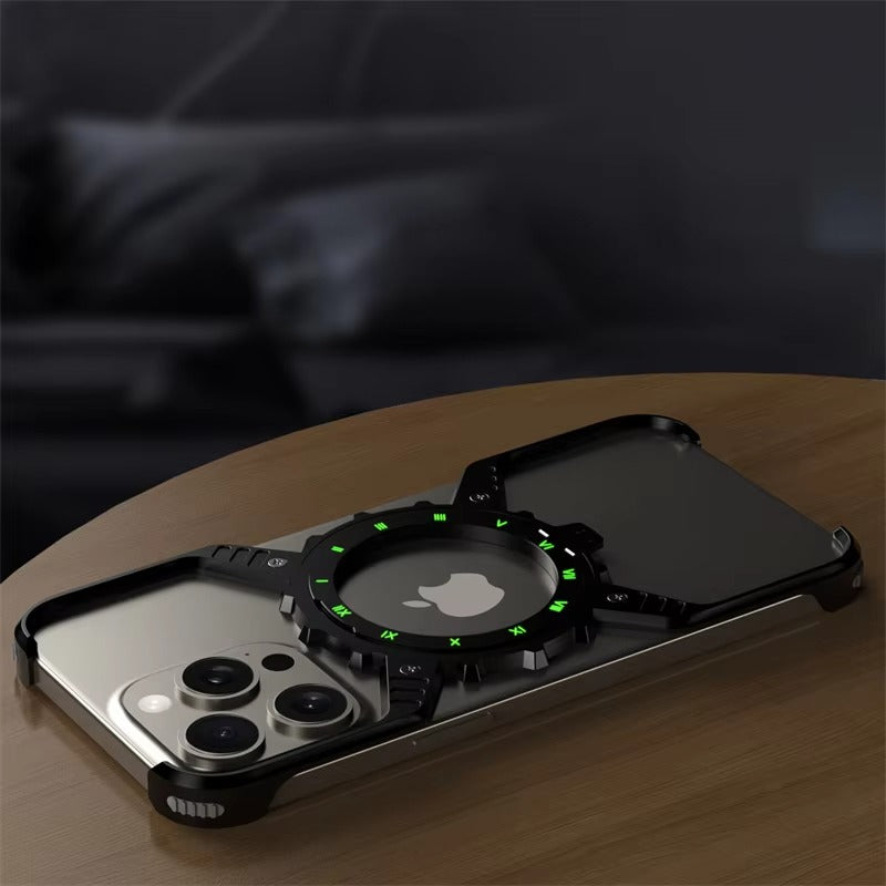 Robust Apple iPhone Case, MagSafe Compatible, Camera Lens & Screen Protection, Ultra Thin, Shockproof, Magnetic Full All Around Cover – X-Shaped Gear Aluminum Case with 360° Stand & Noctilucent Frameless Design
