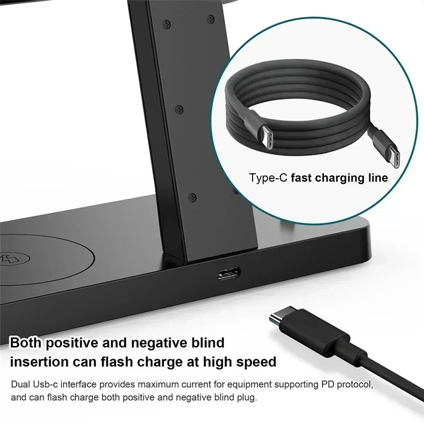 Premium 5 in 1 Magnetic Wireless Charging Station – Foldable Fast Charger Stand for Phones, Smartwatches, Earbuds with 30W Output & LED Night Light