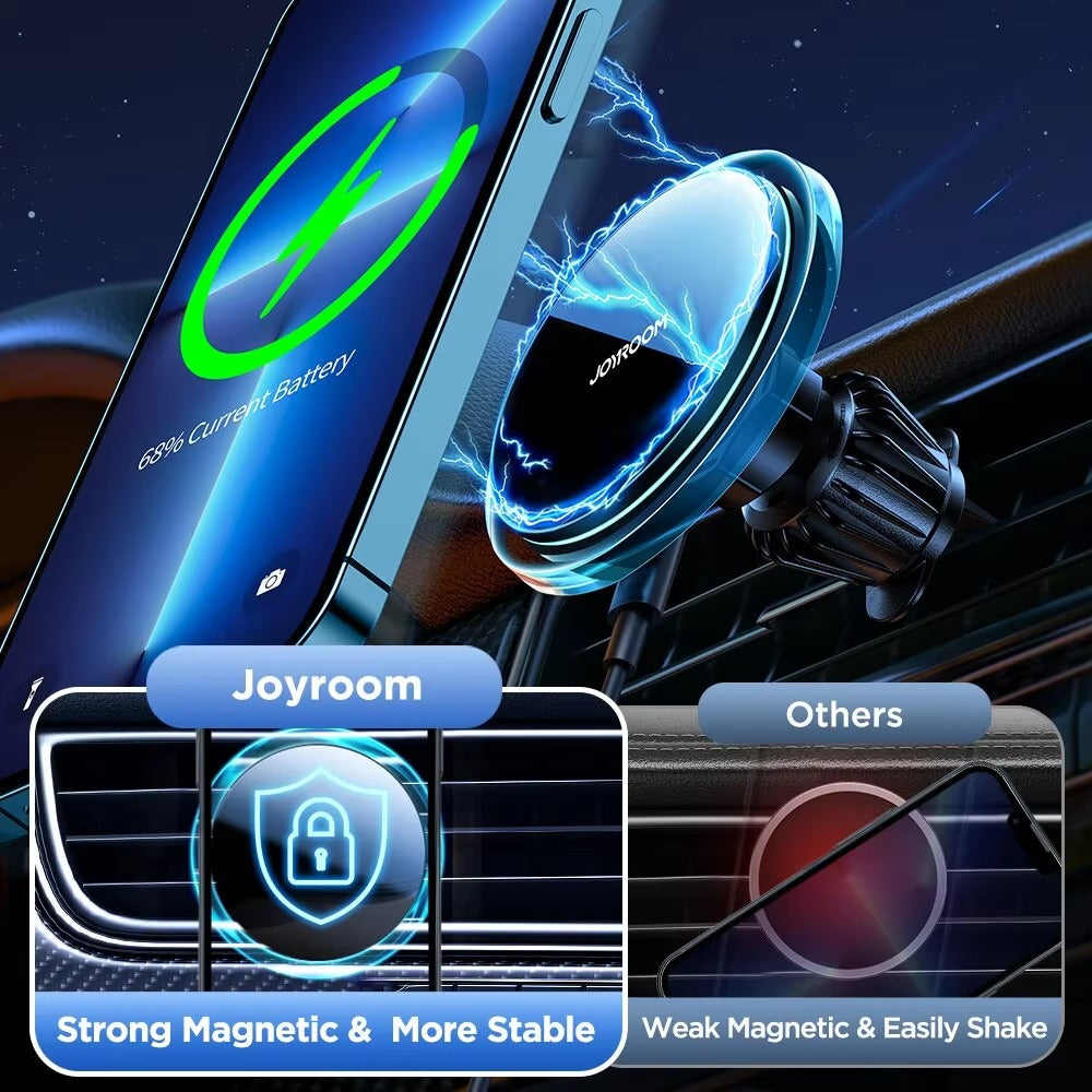 Premium Magnetic Wireless Car Phone Holder – Fast Charging Mount with Blue Light, Dashboard or Vent Clip