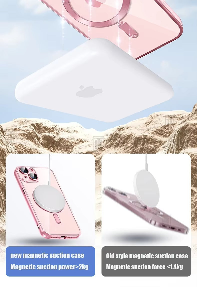 Luxury Apple iPhone Case, MagSafe Compatible, Camera Lens & Screen Protection, Ultra Thin, Shockproof, Magnetic Full All Around Cover – Plating Transparent Silicone TPU Case with Magnetic Back & Lens Film Protection