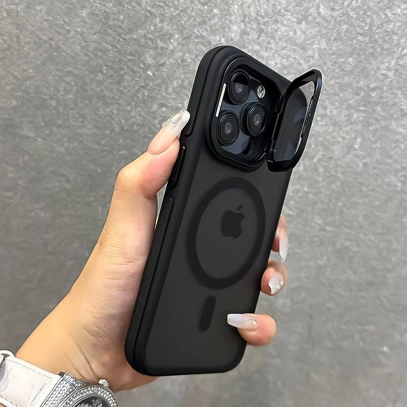 Luxury Apple iPhone Case Ultra Thin Shockproof Magnetic Full All Around Protection Cover with Matte Stand & Wrist Strap