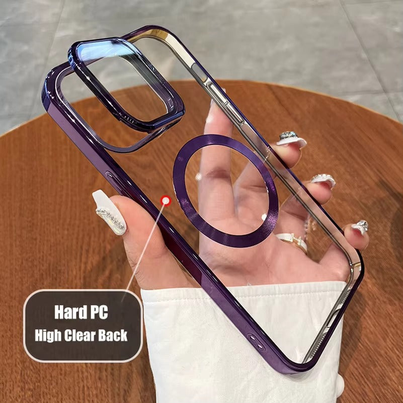 Luxury Apple iPhone Case Ultra Thin Shockproof Magnetic Full All Around Protection Cover with Transparent Plating Bracket