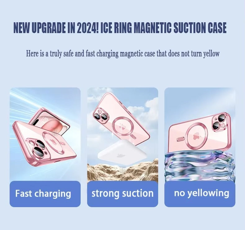 Luxury Apple iPhone Case, MagSafe Compatible, Camera Lens & Screen Protection, Ultra Thin, Shockproof, Magnetic Full All Around Cover – Plating Transparent Silicone TPU Case with Magnetic Back & Lens Film Protection