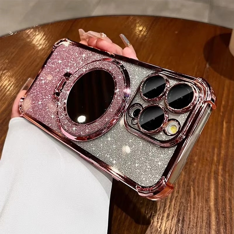 Luxury Apple iPhone Case, MagSafe Compatible, Camera Lens & Screen Protection, Ultra Thin, Shockproof, Magnetic Full All Around Cover – Sparkling Gradient Glitter Airbag Case with Mirror Back & Diamond Stand Holder