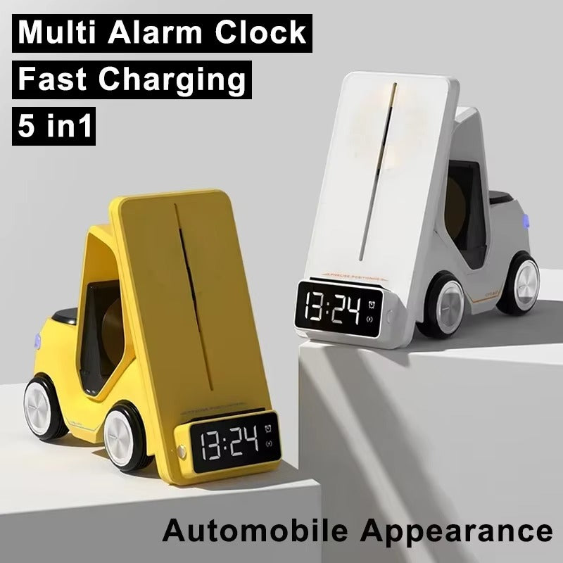 Premium 5 in 1 Magnetic Wireless Charging Station – Fast Charger Stand with Alarm Clock, Adjustable Phone Holder, LED Lamp for iPhone, Watch and AirPods