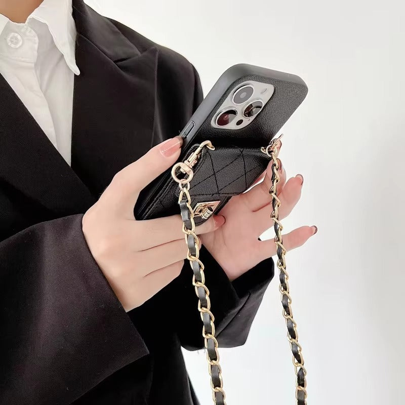 Luxury Apple iPhone Case, MagSafe Compatible, Camera Lens & Screen Protection, Ultra Thin, Shockproof, Magnetic Full All Around Cover – Lingge Envelope Crossbody Card Bag with Long Necklace Strap