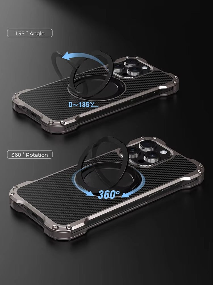 Robust Apple iPhone Case, MagSafe Compatible, Camera Lens & Screen Protection, Ultra Thin, Shockproof, Magnetic Full All Around Cover – Carbon Fiber Aluminum Alloy Case with Built-In Holder Ring & Lightweight Frame
