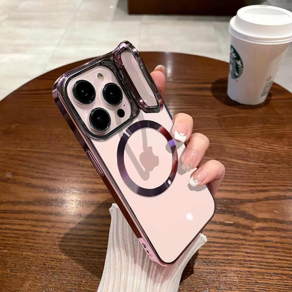 Luxury Apple iPhone Case Ultra Thin Shockproof Magnetic Full All Around Protection Cover with Transparent Plating Bracket