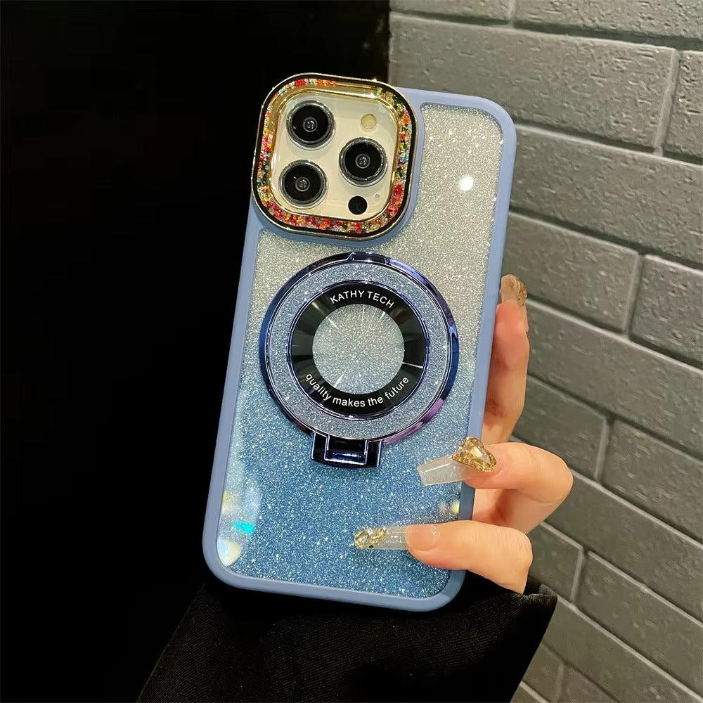 Luxury Apple iPhone Case, MagSafe Compatible, Camera Lens & Screen Protection, Ultra Thin, Shockproof, Magnetic Full All Around Cover – Gradient Glitter Diamond Case with Stand Holder & Wireless Charging Support
