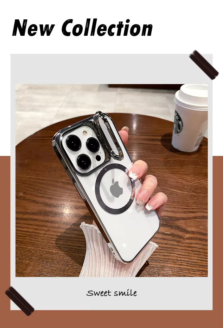 Luxury Apple iPhone Case Ultra Thin Shockproof Magnetic Full All Around Protection Cover with Transparent Plating Bracket