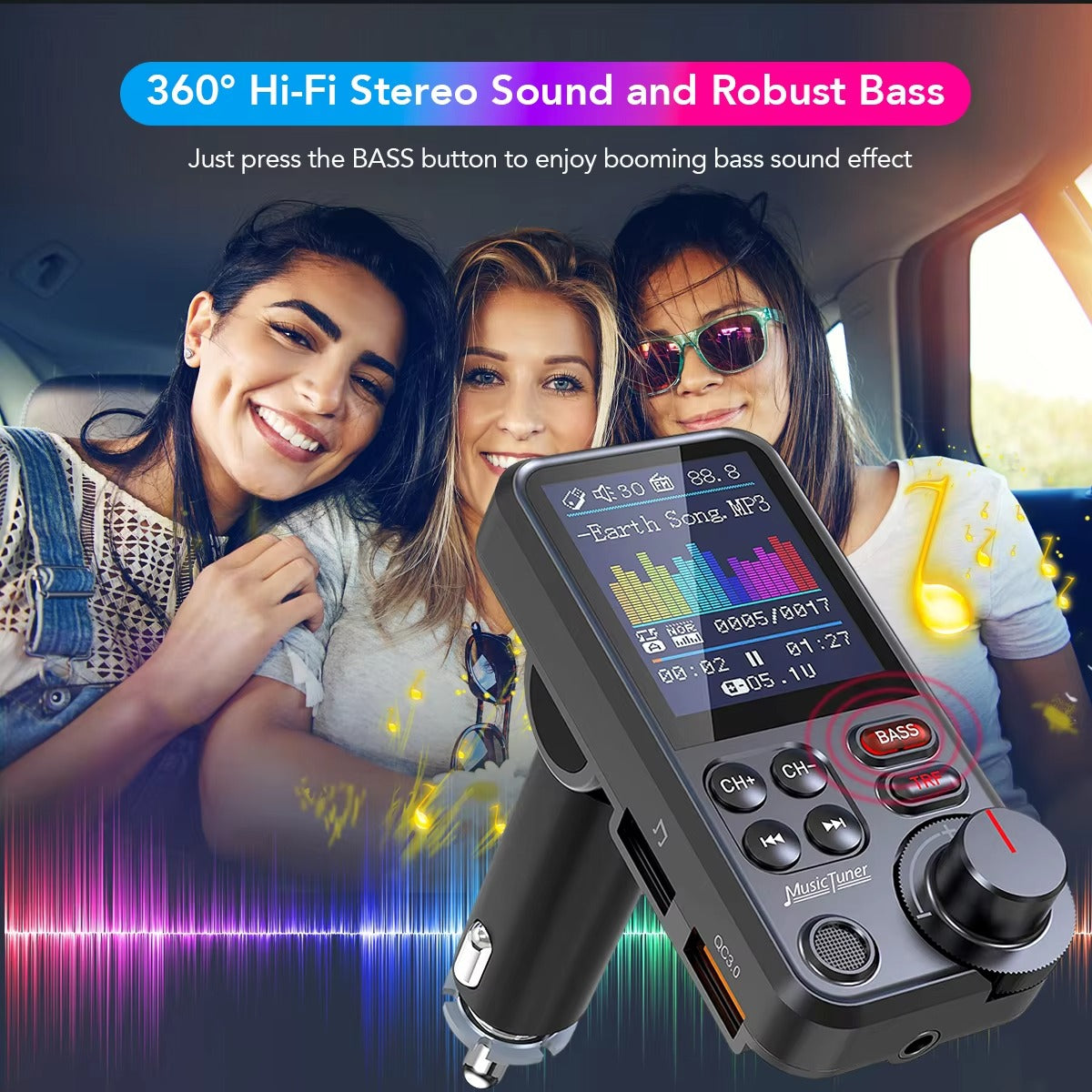 Premium, 1.8-Inch, Wireless Bluetooth FM Transmitter for Car, AUX Support, QC3.0 Charging, Treble, Bass Adjustment,