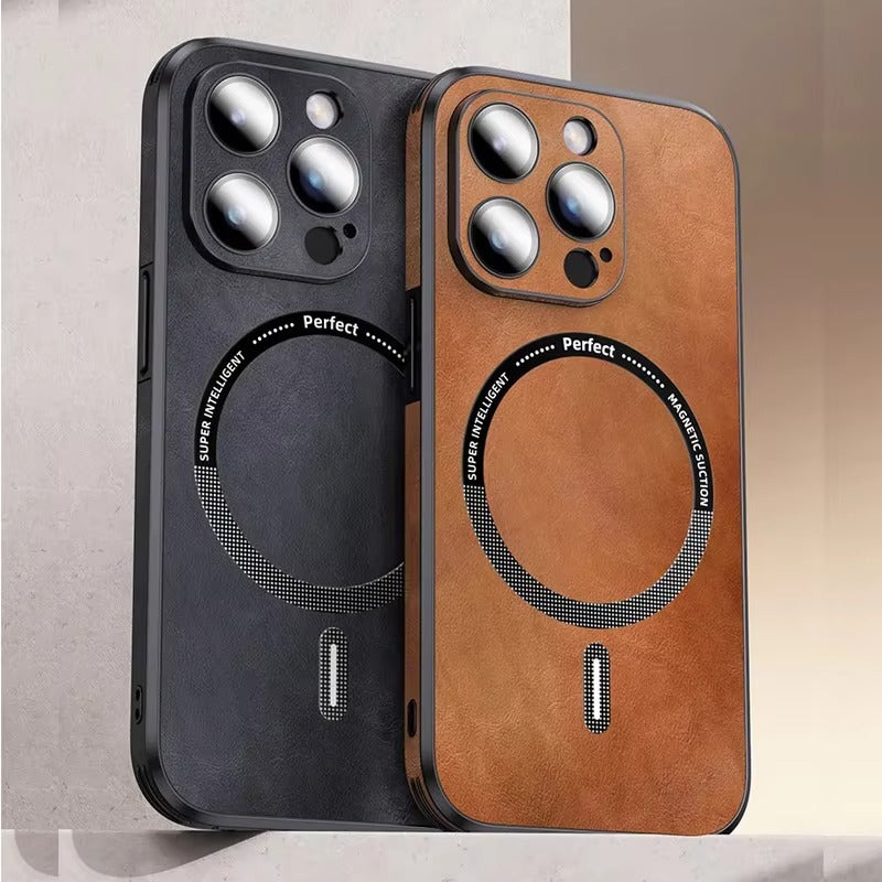 Premium MagSafe Leather iPhone Case with Magnetic Shockproof Design, Glass Lens Protector, Full Body Drop Defense,