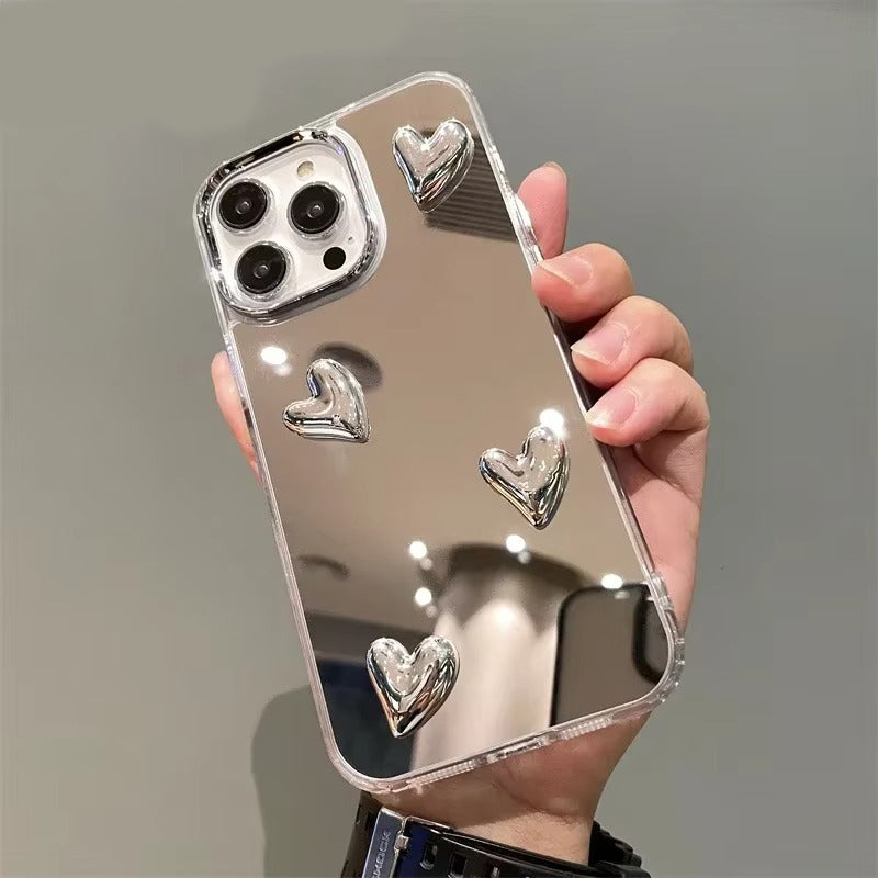 Luxury Apple iPhone Case, MagSafe Compatible, Camera Lens and Screen Protection, Ultra Thin, Shockproof, Magnetic, Full All Around Protection, Silvery Heart Mirror Cover