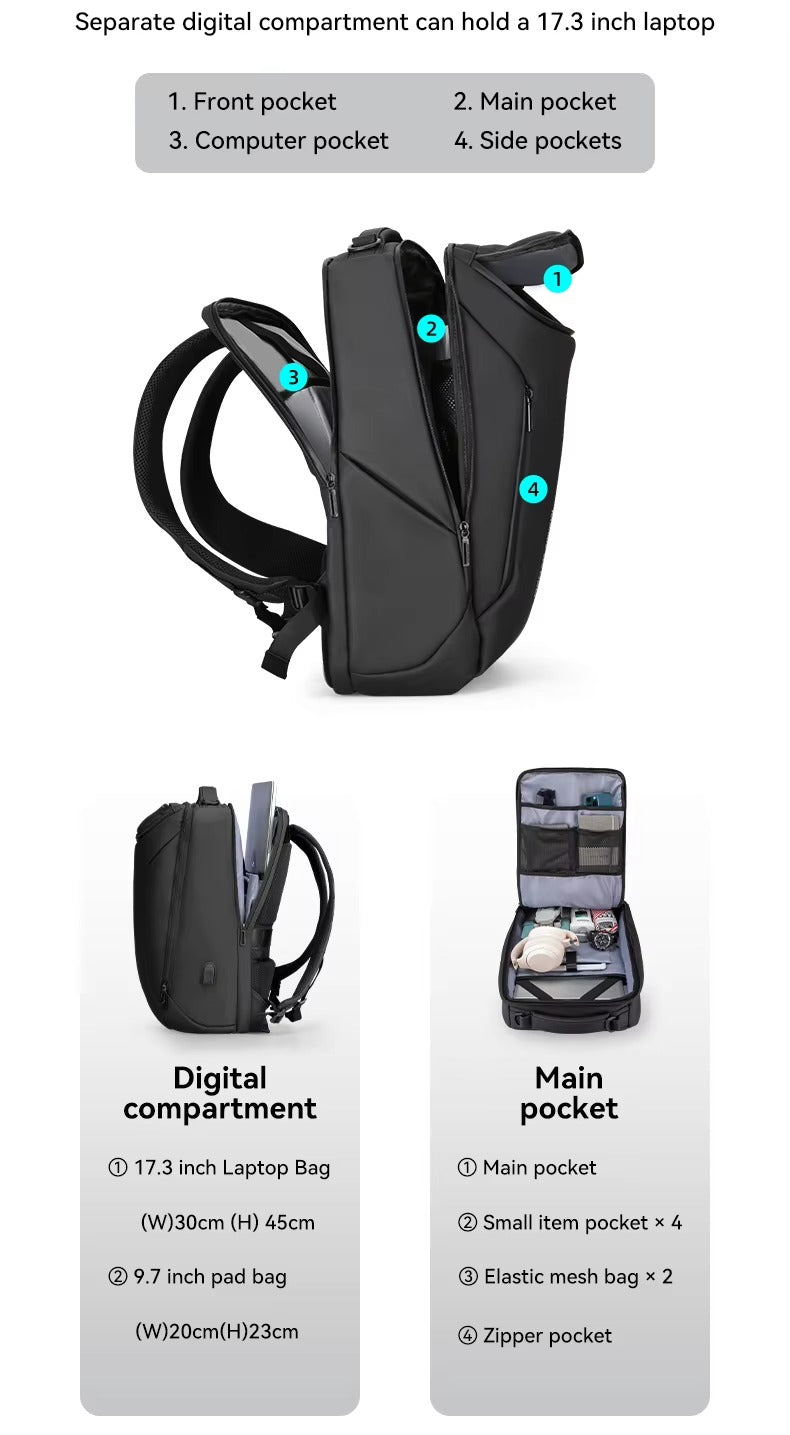 High Quality Waterproof Laptop Backpack for Men, USB Charging Travel Bag, Business Tech Rucksack Fits 17" MacBook