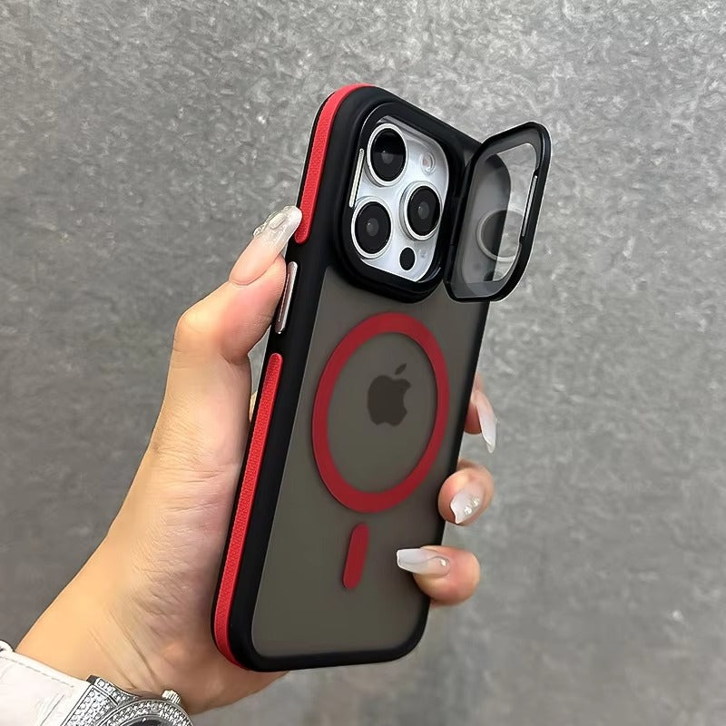 Luxury Apple iPhone Case Ultra Thin Shockproof Magnetic Full All Around Protection Cover with Matte Stand & Wrist Strap