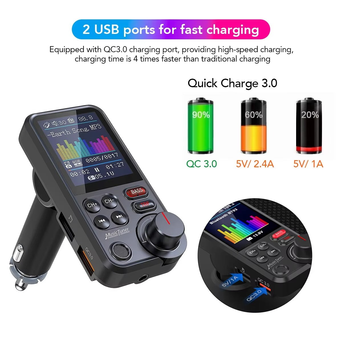 Premium, 1.8-Inch, Wireless Bluetooth FM Transmitter for Car, AUX Support, QC3.0 Charging, Treble, Bass Adjustment,