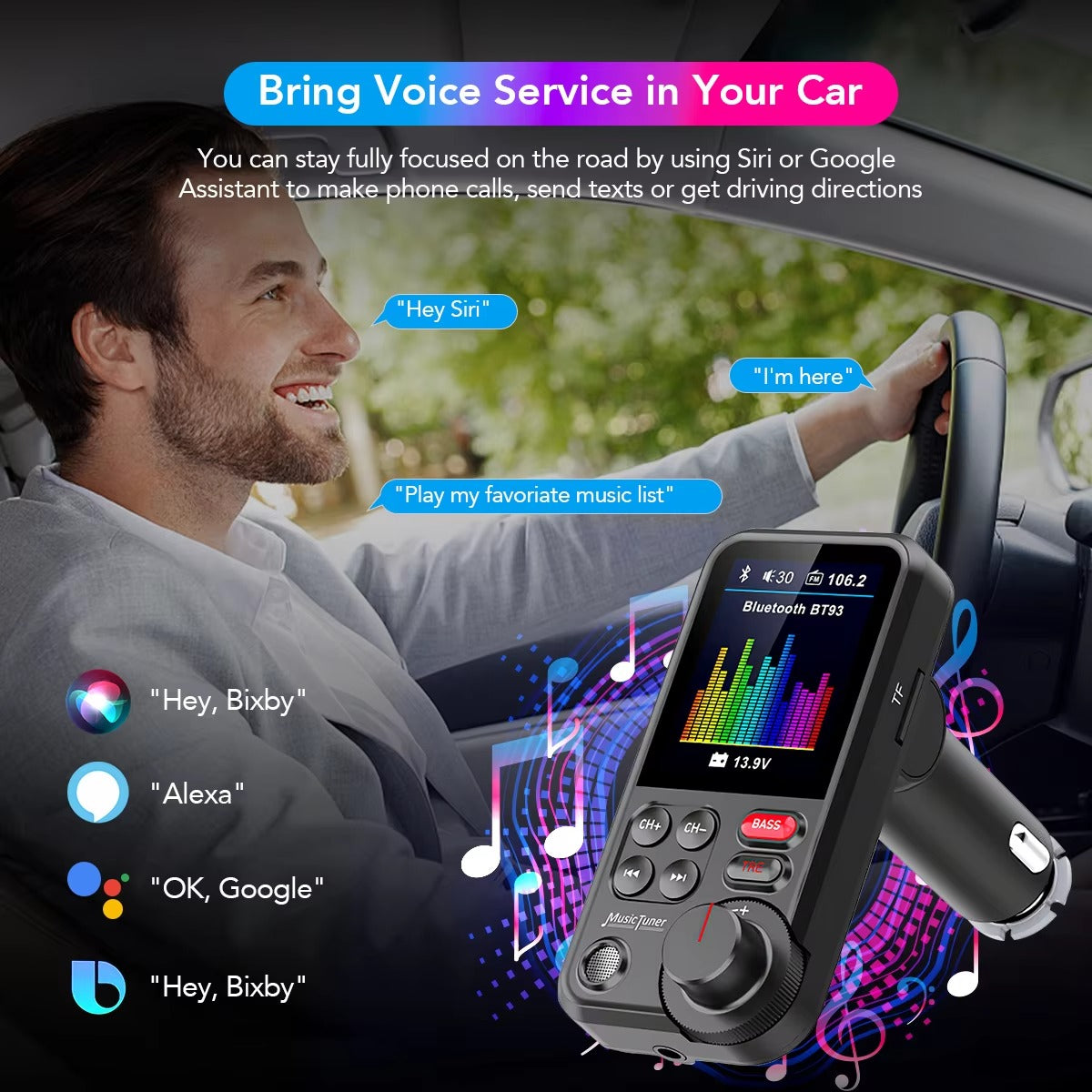 Premium, 1.8-Inch, Wireless Bluetooth FM Transmitter for Car, AUX Support, QC3.0 Charging, Treble, Bass Adjustment,