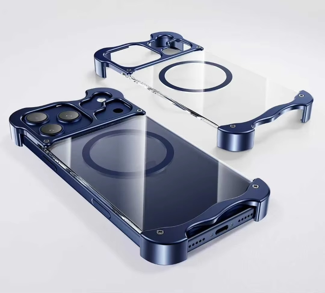 Premium Aluminum Corner Bumper iPhone Case – MagSafe Compatible Magnetic Cover with Transparent Back, Shockproof Metal Pads and Camera Protection