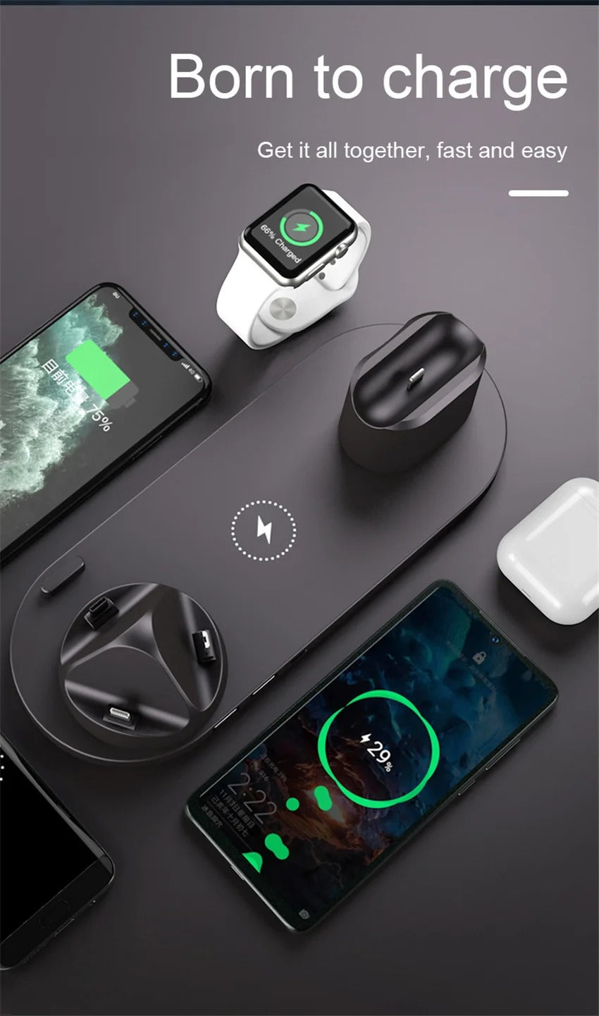 Premium 6 in 1 Wireless Charging Station – Fast Charger Dock for iPhone, Apple Watch, AirPods with Type-C, Lightning & Micro USB Ports, 15W Output