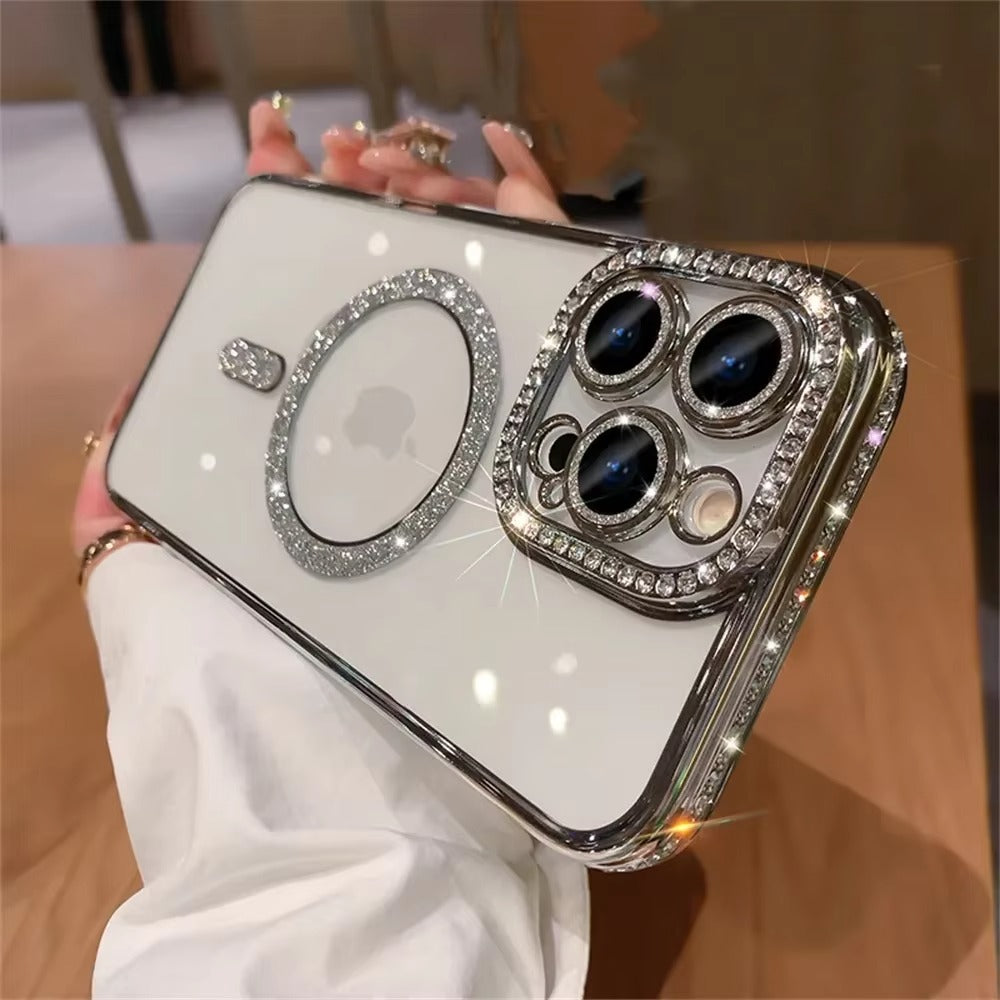 Luxury Apple iPhone Case, MagSafe Compatible, Camera Lens & Screen Protection, Ultra Thin, Shockproof, Magnetic Full All Around Cover – Glitter Diamond Transparent Case with Wireless Charging & Bumper Edge Design