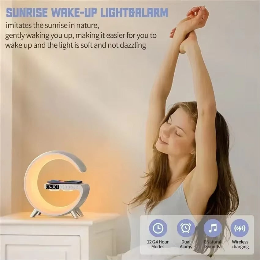 Luxury Wireless Charging Alarm Clock – Bluetooth Speaker with Sunrise Wake-Up Light, RGB Night Lamp, Sleep Aid, 5W Fast Charger for Qi-Enabled Devices