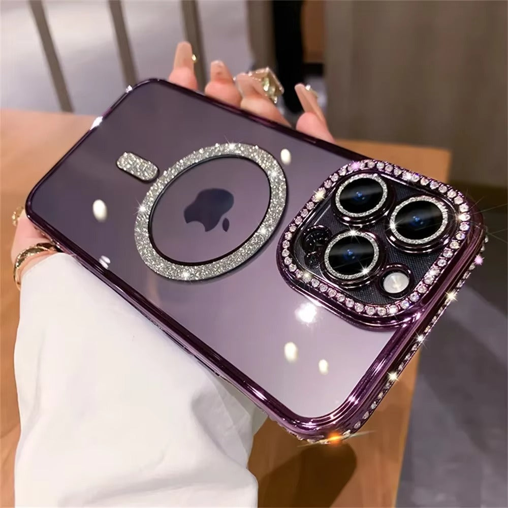 Luxury Apple iPhone Case, MagSafe Compatible, Camera Lens & Screen Protection, Ultra Thin, Shockproof, Magnetic Full All Around Cover – Glitter Diamond Transparent Case with Wireless Charging & Bumper Edge Design