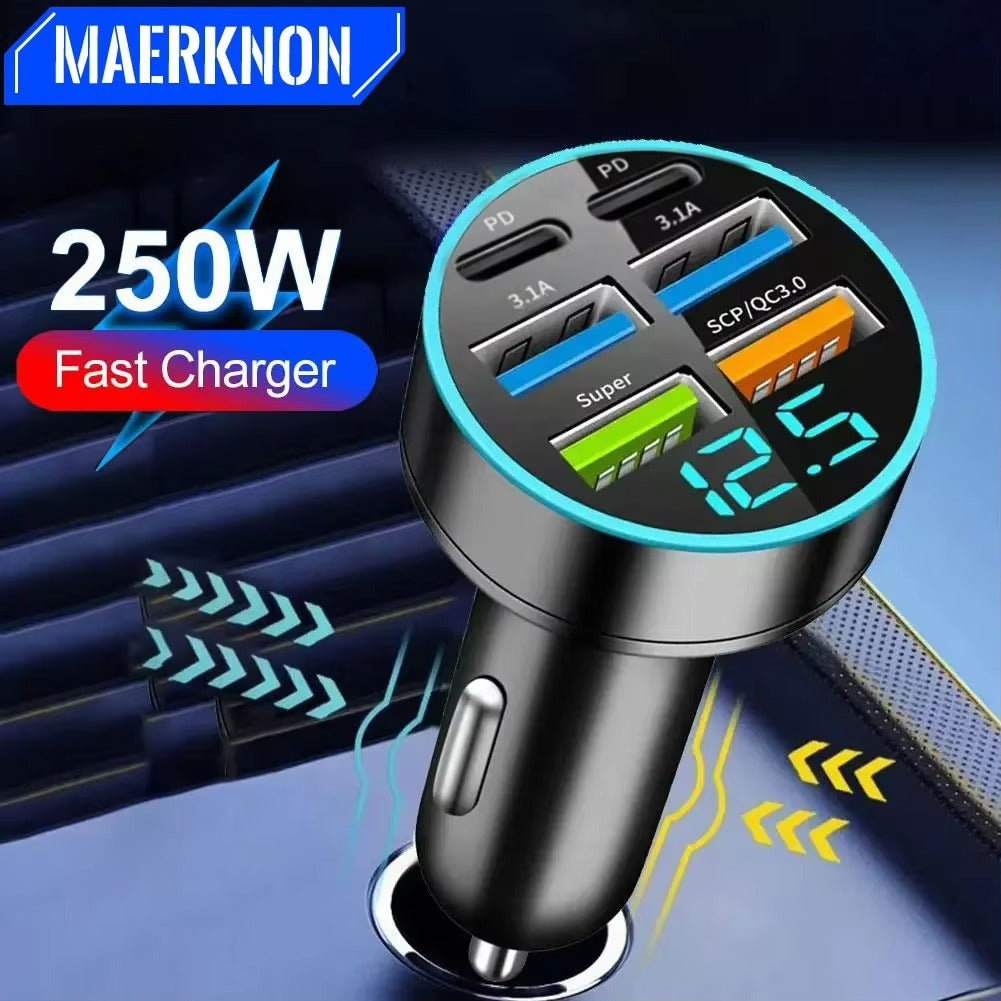 Premium 250W USB Car Charger with Digital Display – 6-Port Fast Charging PD QC3.0 Type-C Adapter, Intelligent Protection, Quick Charge