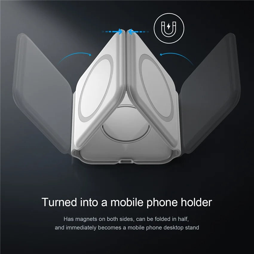 Premium 3 in 1 Magnetic Wireless Charger Pad – Portable Fast Charging Dock for iPhone, Apple Watch, AirPods with Foldable Stand, Type-C, 15W Output