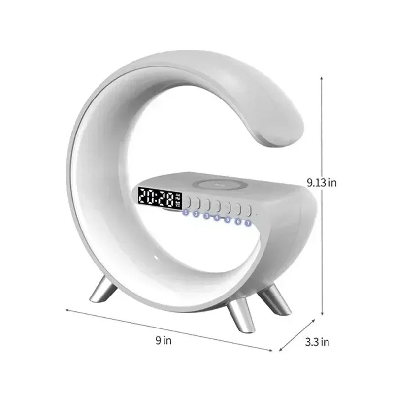 Luxury Wireless Charging Alarm Clock – Bluetooth Speaker with Sunrise Wake-Up Light, RGB Night Lamp, Sleep Aid, 5W Fast Charger for Qi-Enabled Devices
