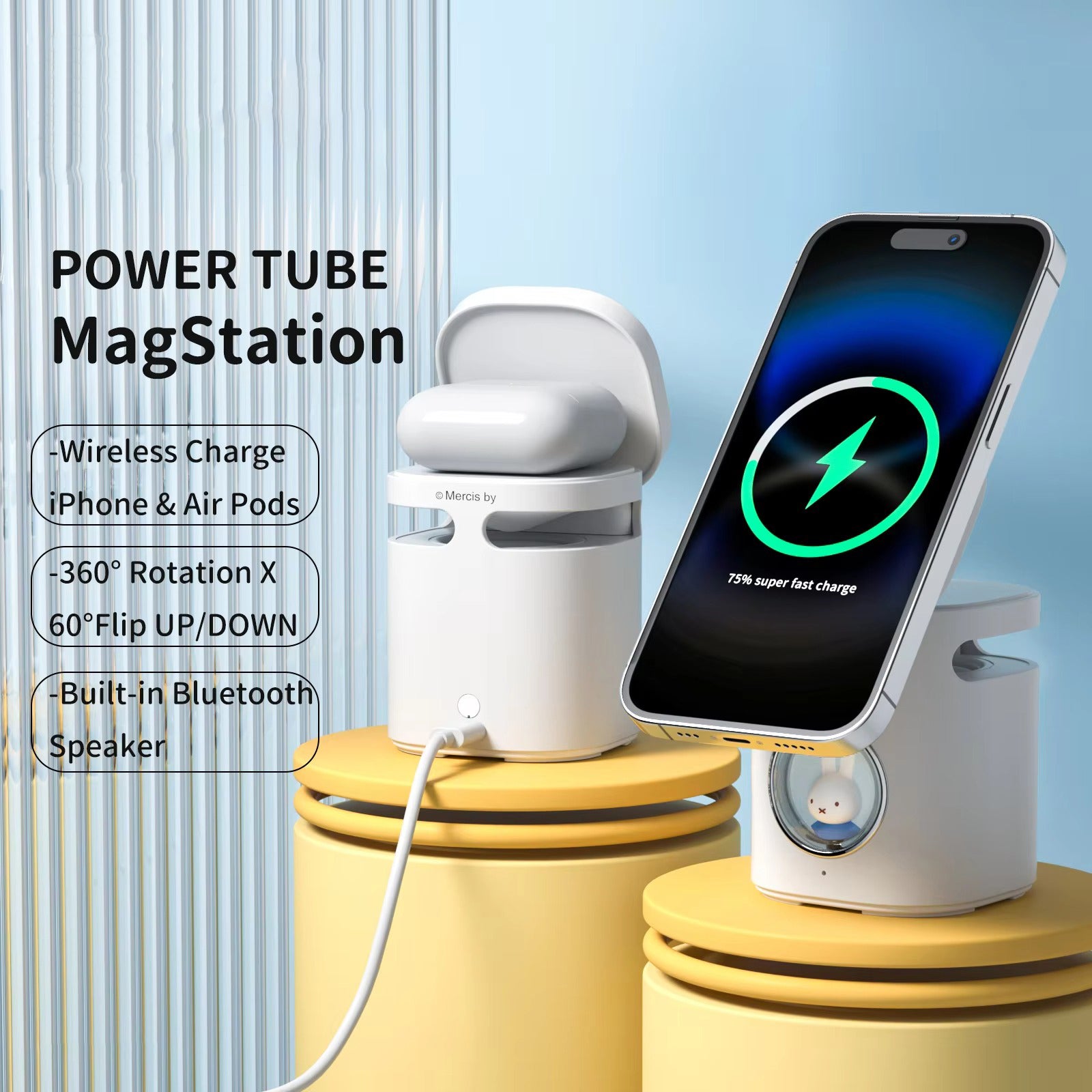 Premium Magnetic Wireless Charging Station with Bluetooth Speaker – 15W Fast Charger Stand and Phone Holder Dock for iPhone and AirPods