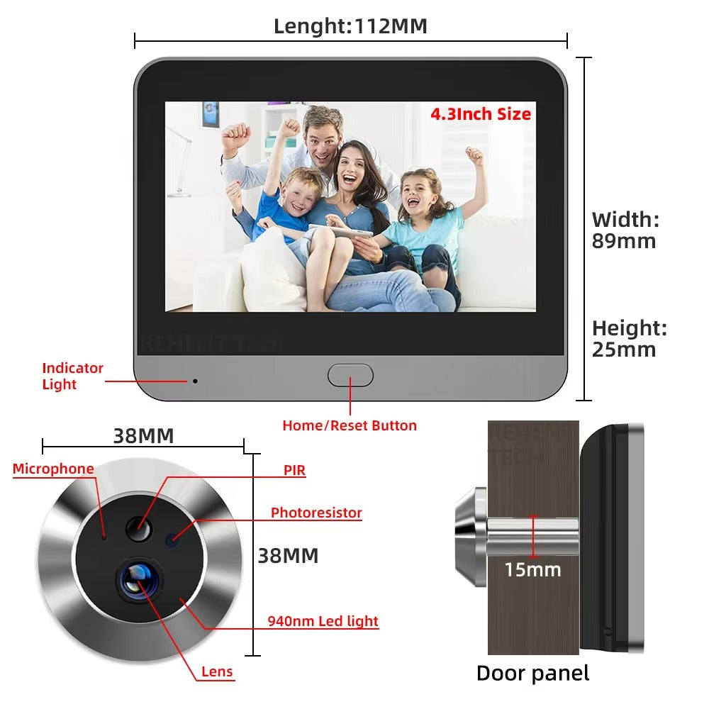 High Quality Smart Door Viewer for iPhone, 3MP WiFi Peephole Camera, Battery-Powered PIR Motion Sensor with 140° Wide Angle